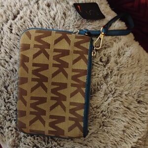 Michael Kors Tan and Blue Monogram Wristlet perfect condition
